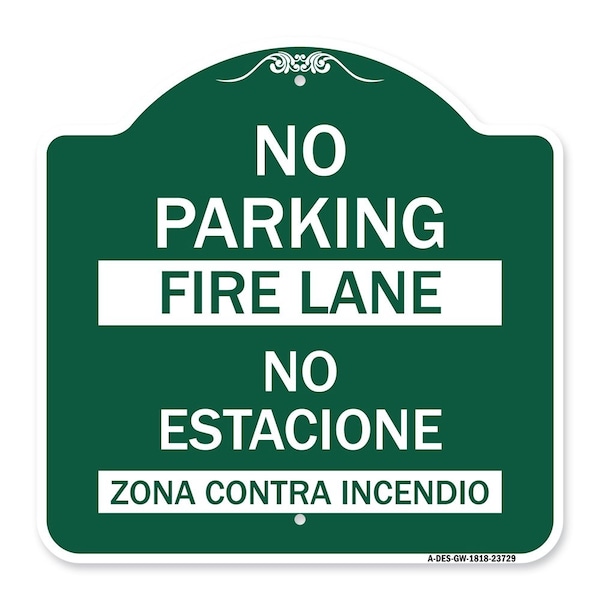 Signmission No Parking Fire Lane-No Estacione Zona Contra Incendio, Green & White Alum, 18" x 18", GW-1818-23729 A-DES-GW-1818-23729 - main